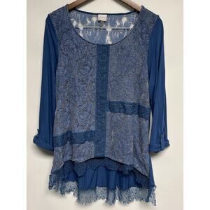 Hippie Lagenlook Patchwork Women’s Top Size XL Blue Lace Knit Tunic Retro Blue